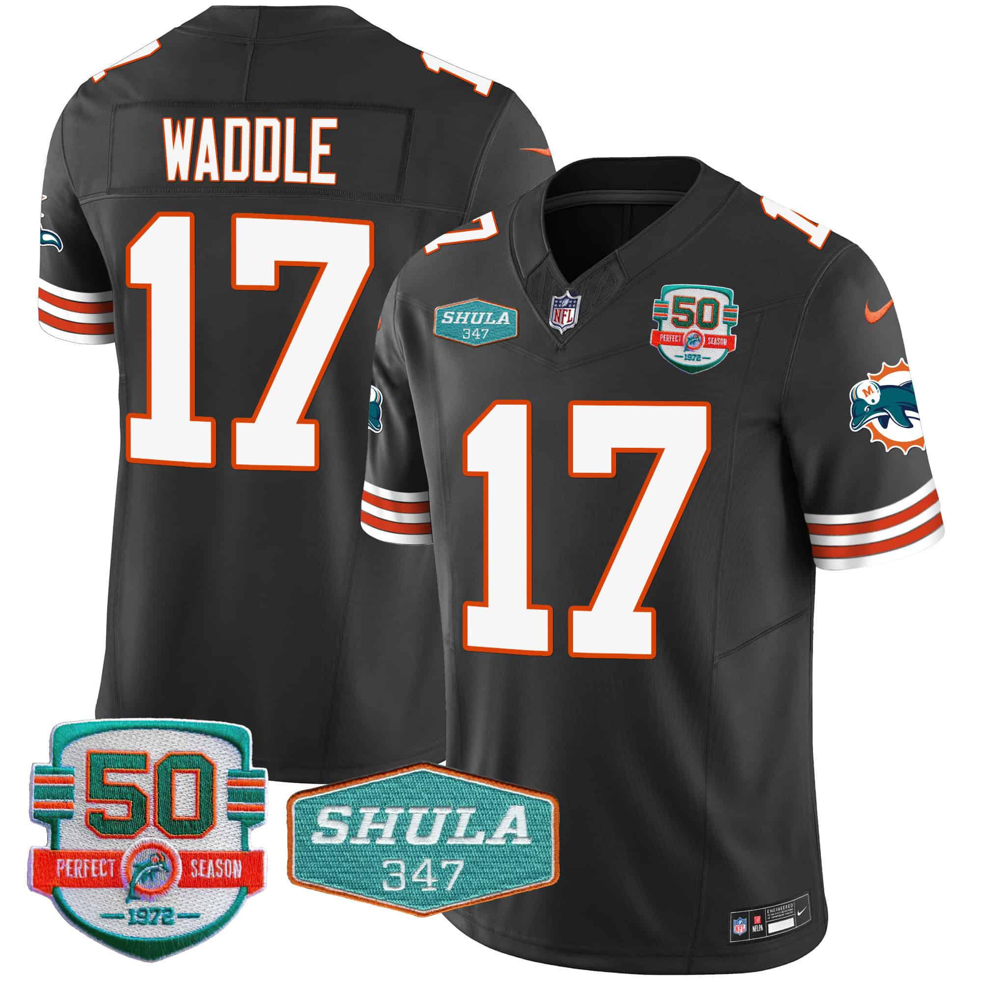 Men Miami Dolphins #17 Waddle Black 2024 Nike Throwback Shula 347 Patch Vapor NFL Jersey style 1